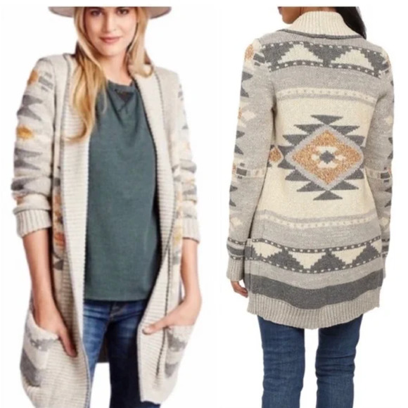 Lucky Brand Sweaters - Lucky Brand Beige Intarsia Southwestern Slouchy Longline Cardigan Size Medium